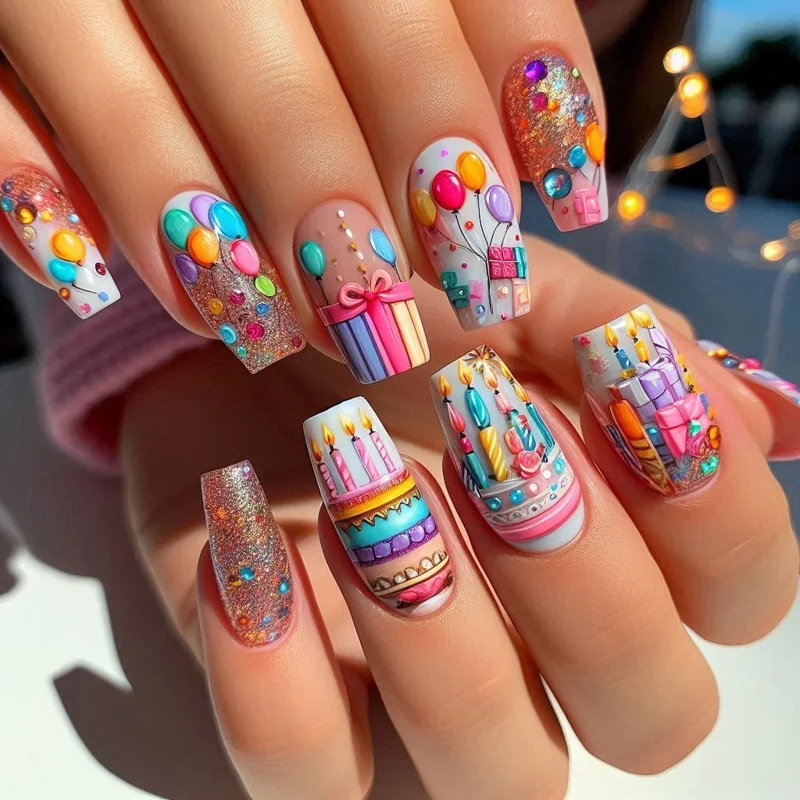 Birthday Nails with Colorful Details, Sparkle, and a Fun Celebration-Inspired Manicure Birthday Nails with Colorful Details, Sparkle, and a Fun Celebration-Inspired Manicure