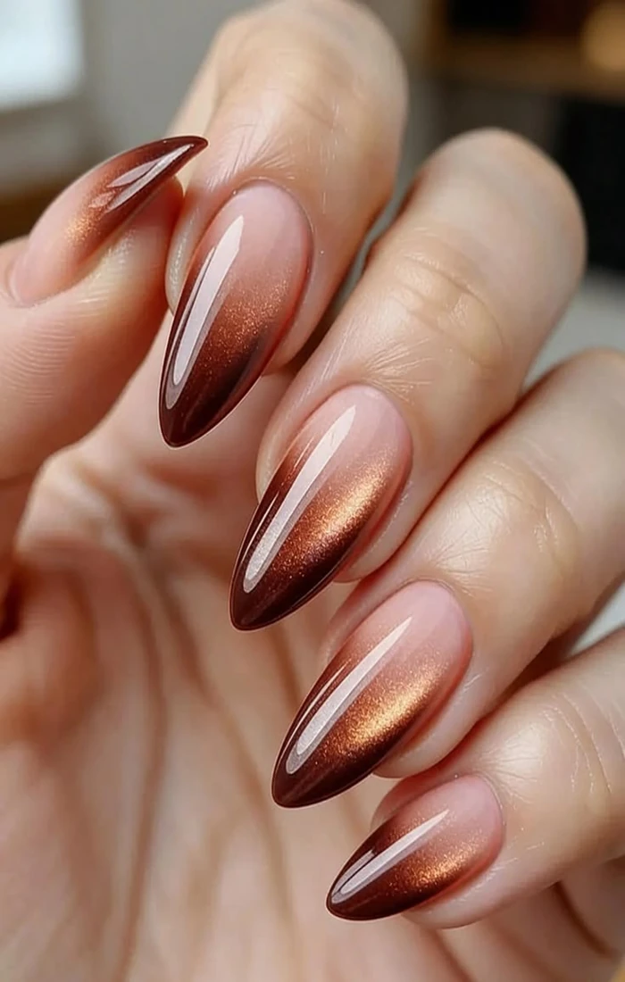 Cat-eye almond nails with a shimmering magnetic line Cat-eye almond nails with a shimmering magnetic line