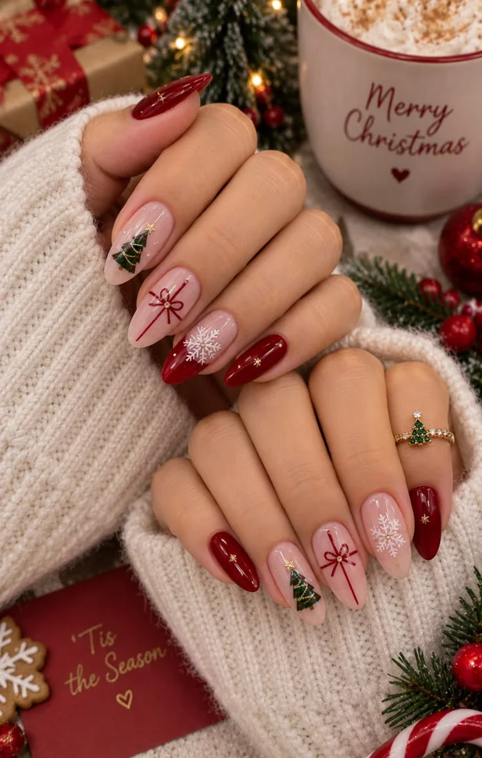 Christmas Nail Design with Festive Red and Green Details for a Cheerful Holiday Look Christmas Nail Design with Festive Red and Green Details for a Cheerful Holiday Look
