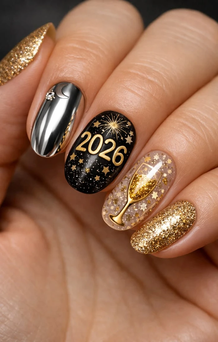New Yearโs Nails with Sparkling Accents and Glamorous Party-Ready Details