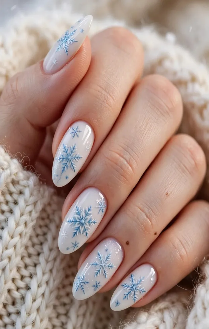 Almond Christmas nails with a milky base and white snowflakes Almond Christmas nails with a milky base and white snowflakes