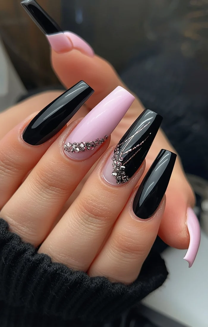 Baddie coffin nails with bold pink and black patterns and glossy details Baddie coffin nails with bold pink and black patterns and glossy details