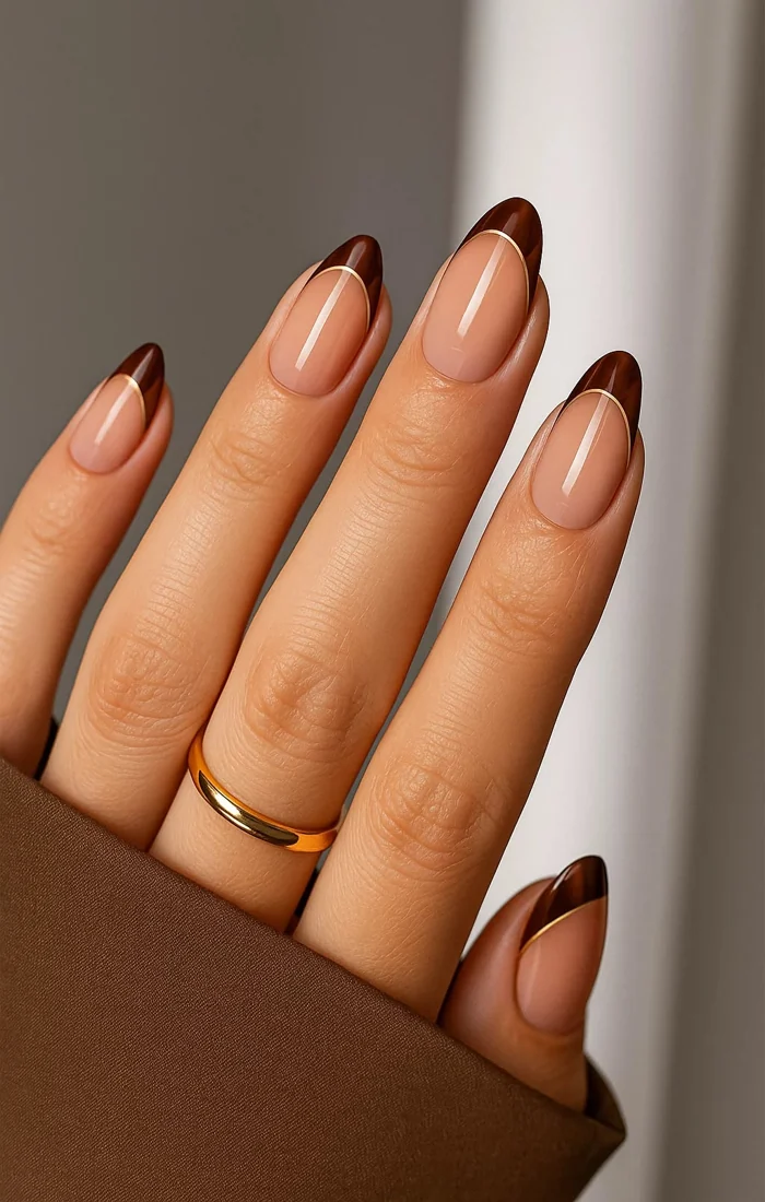 Chocolate brown French tip fall nails on a sheer nude base Chocolate brown French tip fall nails on a sheer nude base