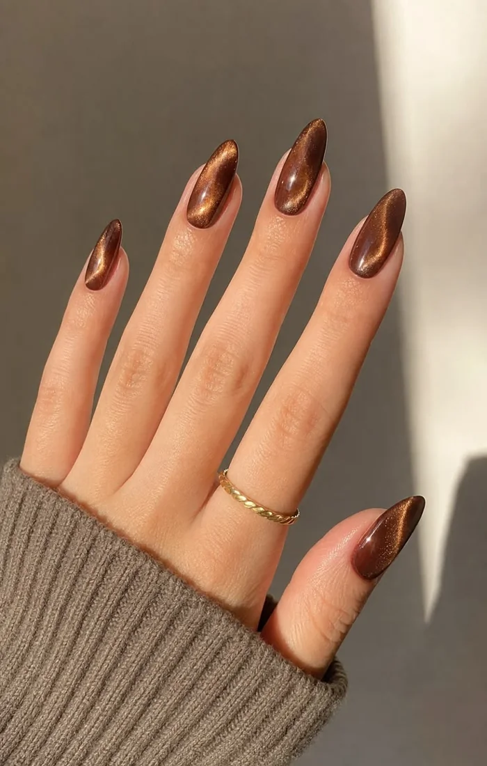Chocolate brown cat eye nails with warm caramel shimmer. Chocolate brown cat eye nails with warm caramel shimmer.