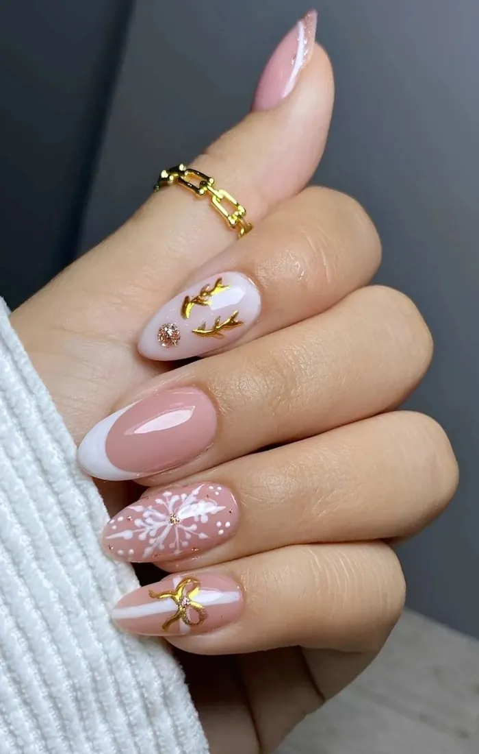 Christmas ornament nail art with colorful baubles and gold details Christmas ornament nail art with colorful baubles and gold details