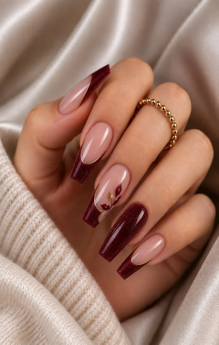 Classy deep wine fall nails on medium coffin-shaped nails Classy deep wine fall nails on medium coffin-shaped nails