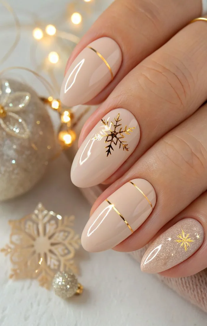Classy nude Christmas nails with elegant gold accents Classy nude Christmas nails with elegant gold accents
