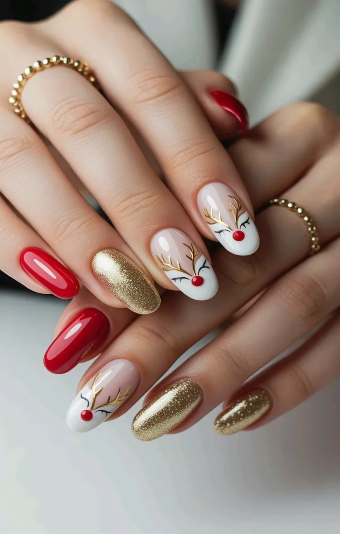Cute Christmas nails featuring a miniature brown reindeer design Cute Christmas nails featuring a miniature brown reindeer design