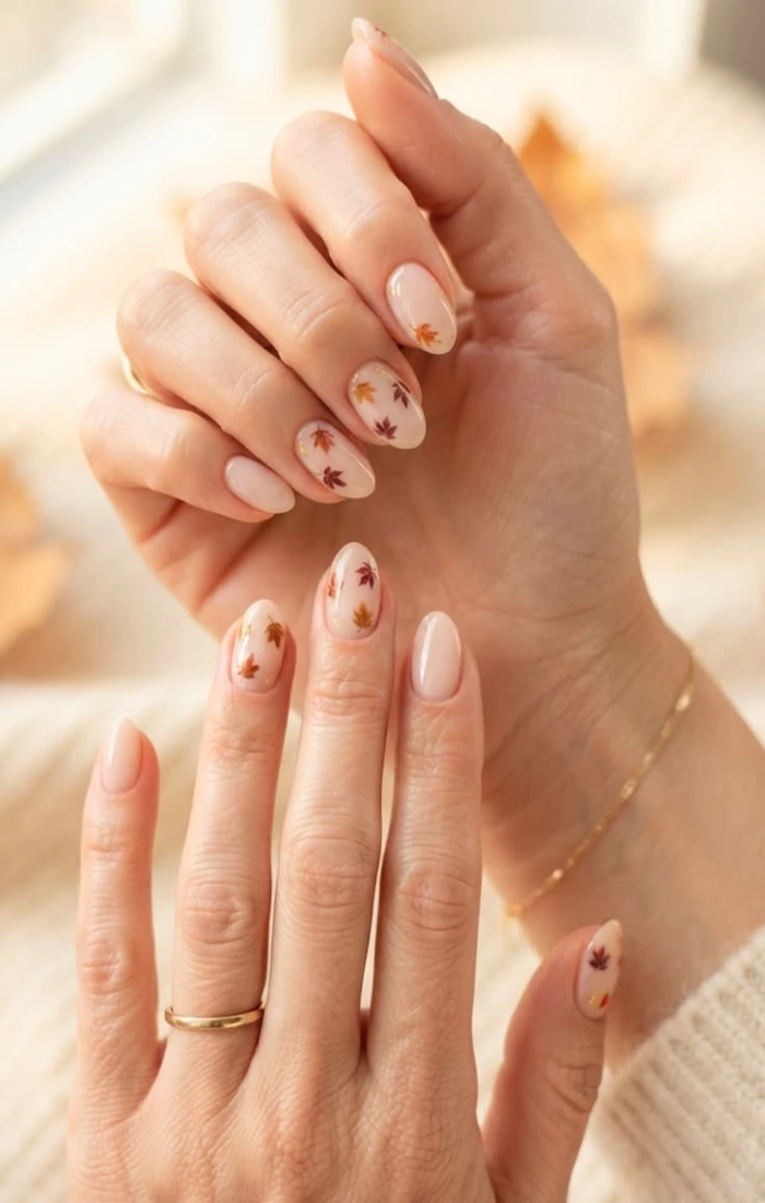 Cute short fall nails with tiny orange and brown leaf details Cute short fall nails with tiny orange and brown leaf details