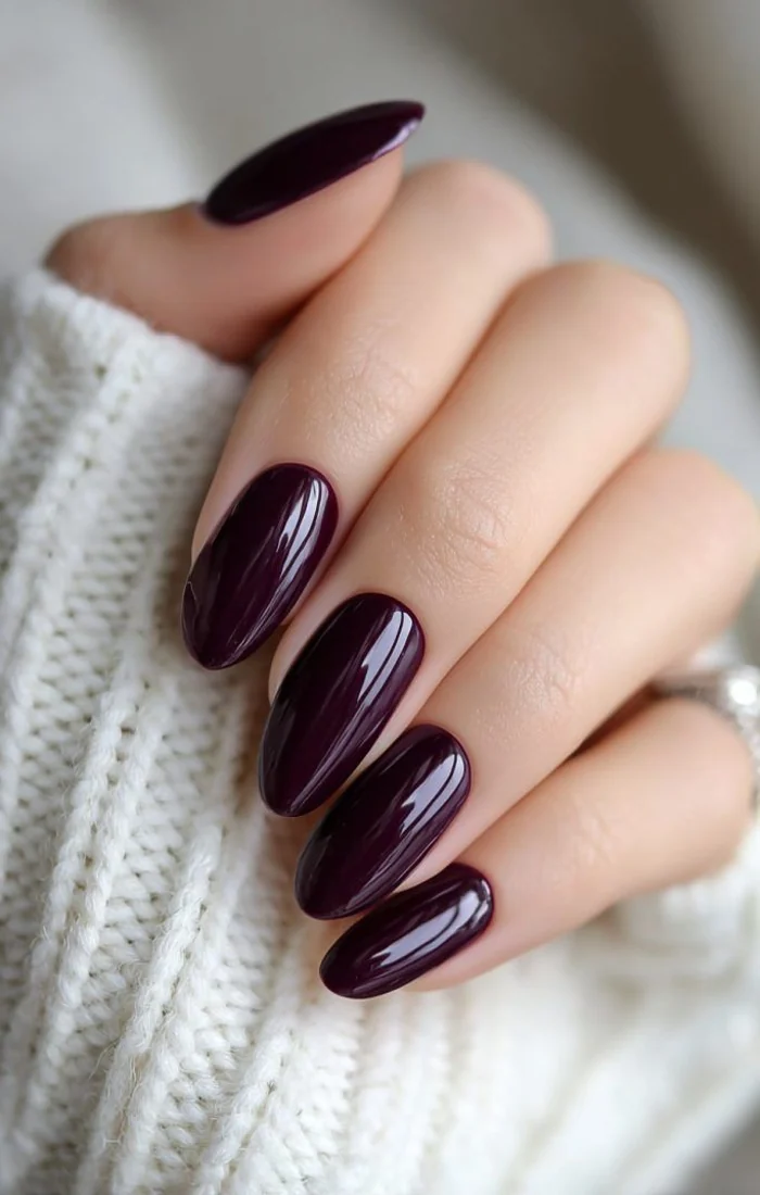 Deep plum fall nails with a rich glossy purple finish Deep plum fall nails with a rich glossy purple finish