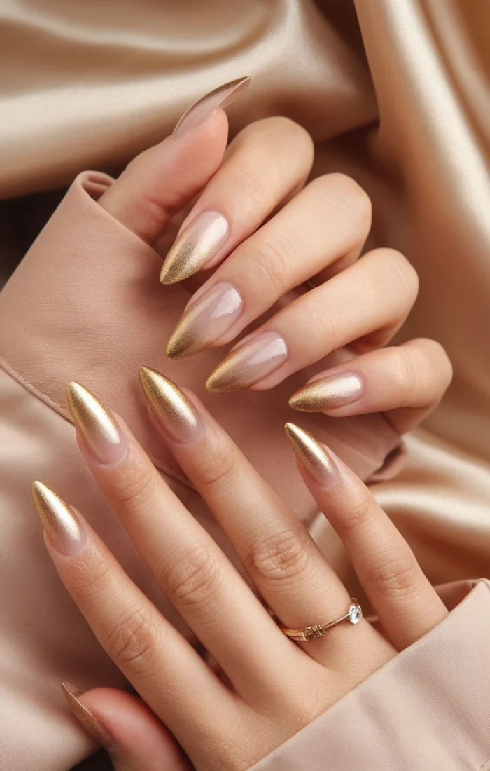 Elegant champagne cat eye nails with fine gold accents. Elegant champagne cat eye nails with fine gold accents.