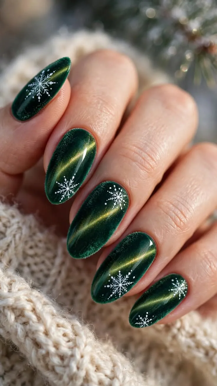 Emerald green velvet Christmas nails with a luminous magnetic finish Emerald green velvet Christmas nails with a luminous magnetic finish
