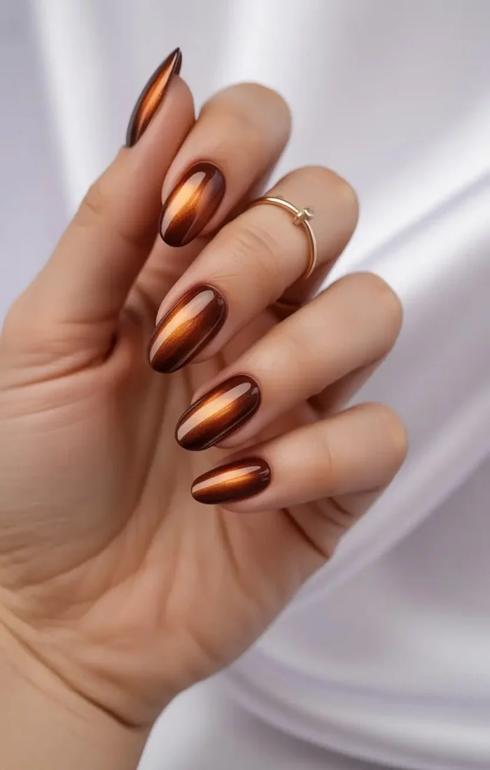 Fall cat eye nails in copper, burgundy, and burnt orange. Fall cat eye nails in copper, burgundy, and burnt orange.