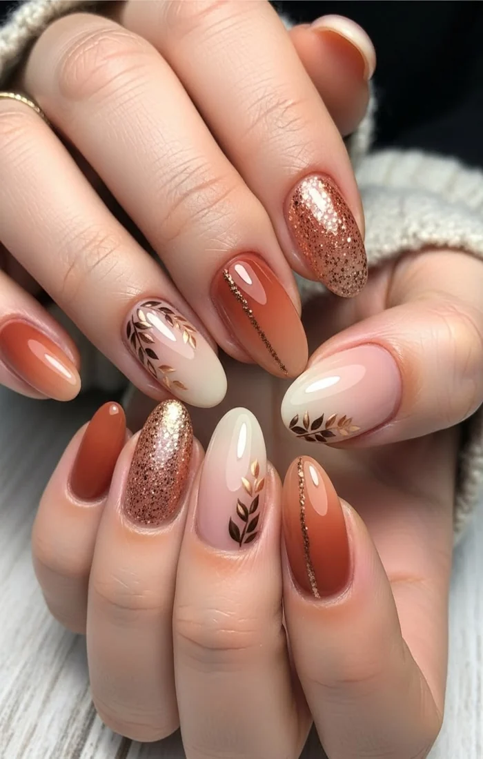 Fall nails with copper glitter accents over warm brown polish Fall nails with copper glitter accents over warm brown polish
