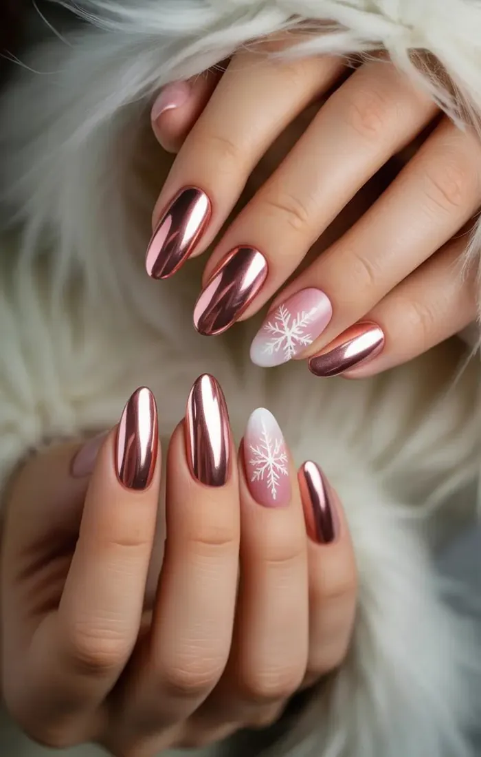 Festive Christmas chrome nails with a reflective metallic finish Festive Christmas chrome nails with a reflective metallic finish