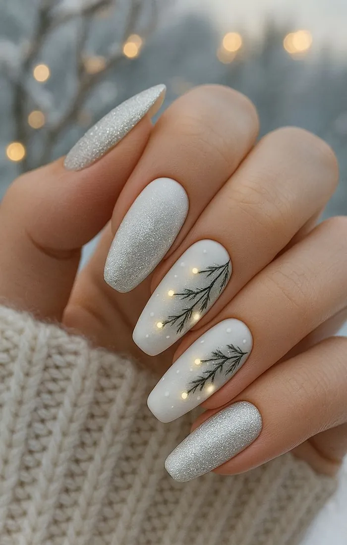 Frosted white Christmas nails with a soft pearlescent finish Frosted white Christmas nails with a soft pearlescent finish