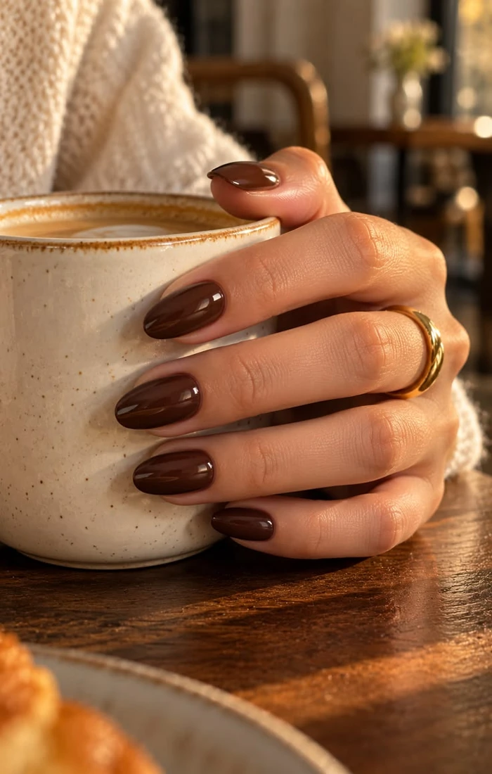 Glossy espresso brown fall nails on elegant almond-shaped nails Glossy espresso brown fall nails on elegant almond-shaped nails