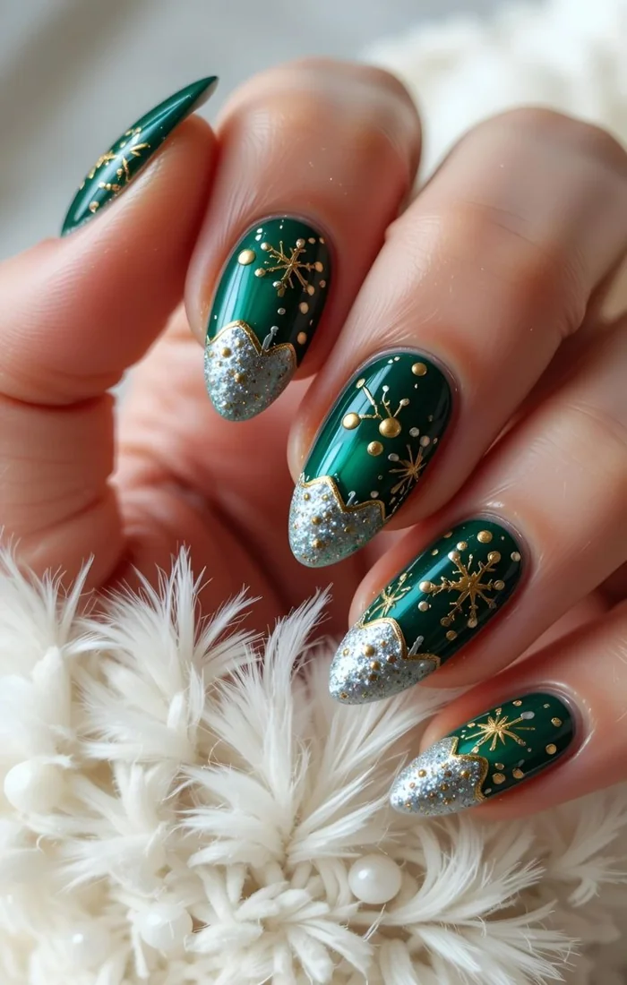 Green Christmas Nails with Gold Details Green Christmas Nails with Gold Details