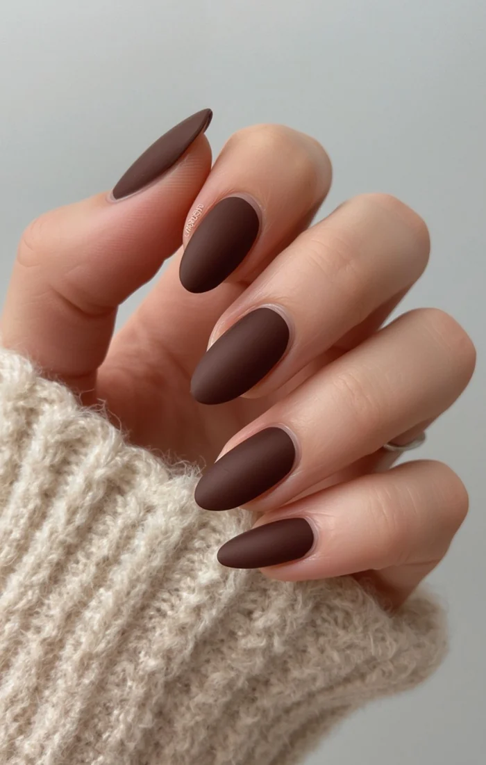 Matte chocolate brown fall nails with a smooth velvet-like finish Matte chocolate brown fall nails with a smooth velvet-like finish