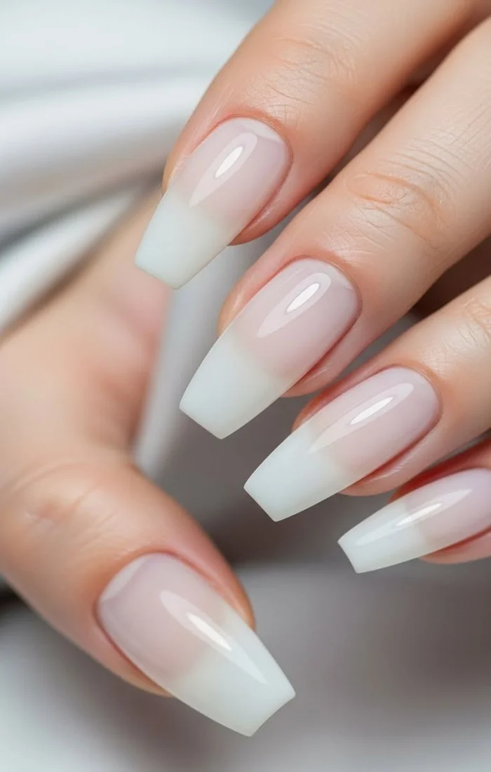 Medium coffin nails in a soft milky white polish Medium coffin nails in a soft milky white polish