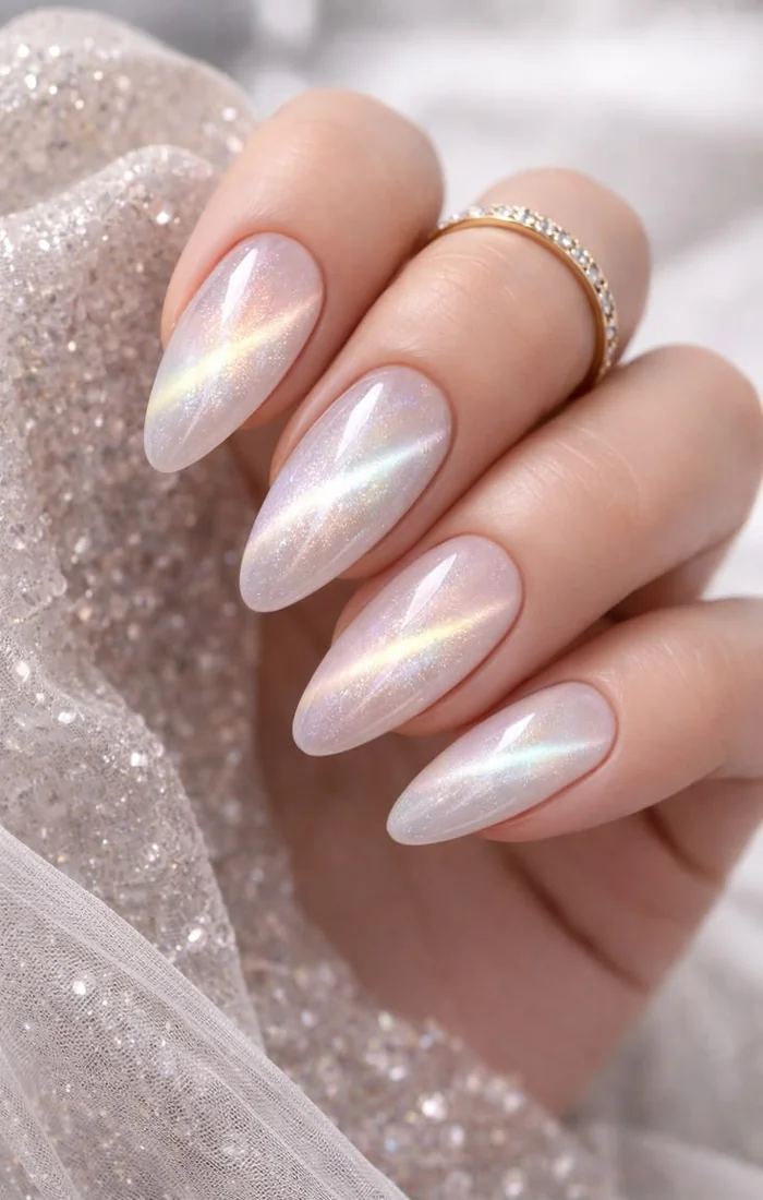 Milky white cat eye nails with a translucent pearly glow. Milky white cat eye nails with a translucent pearly glow.