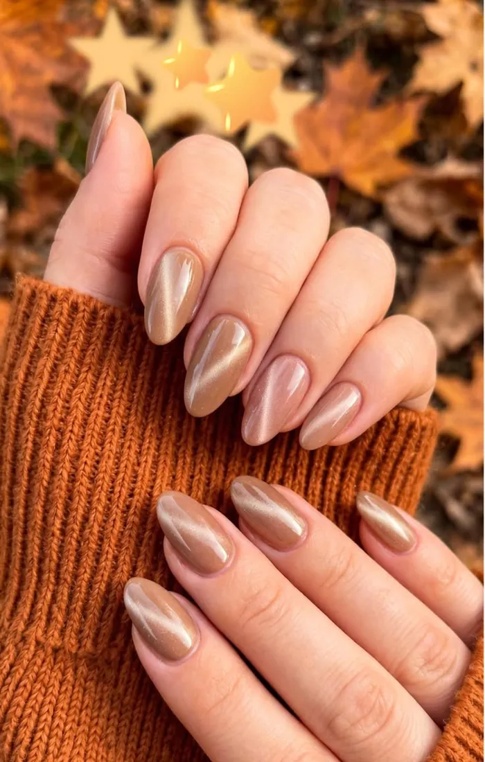 Neutral taupe cat eye nails with subtle champagne shimmer. Neutral taupe cat eye nails with subtle champagne shimmer.