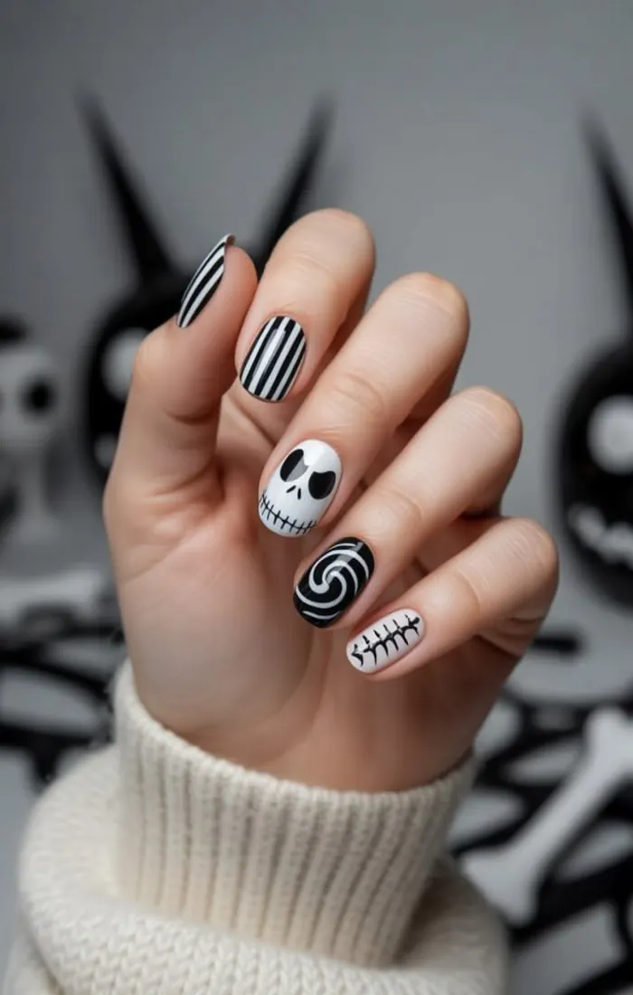 Nightmare Before Christmas nails with black and white striped nail art Nightmare Before Christmas nails with black and white striped nail art