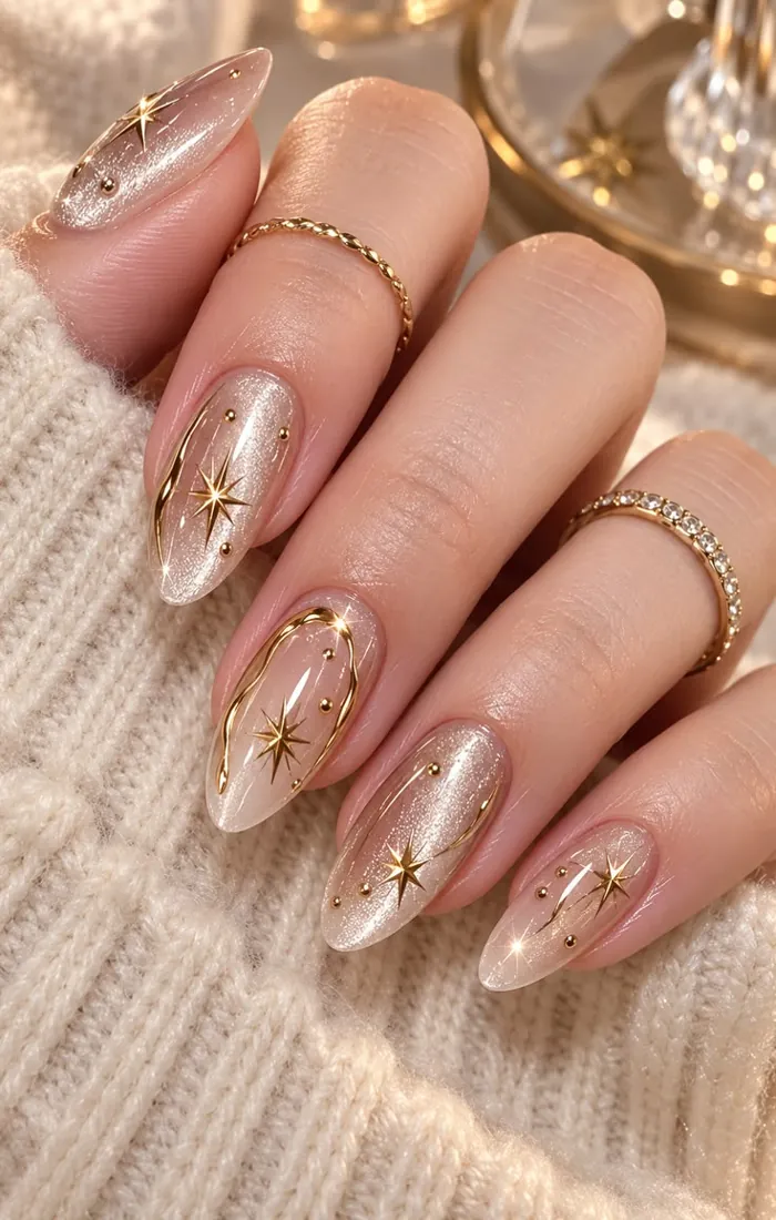 Nude Christmas nails decorated with small gold stars Nude Christmas nails decorated with small gold stars