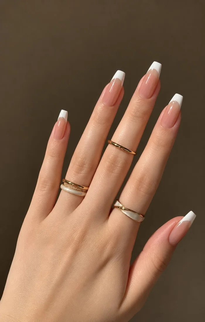 Nude French coffin nails with clean white tips and a glossy top coat Nude French coffin nails with clean white tips and a glossy top coat