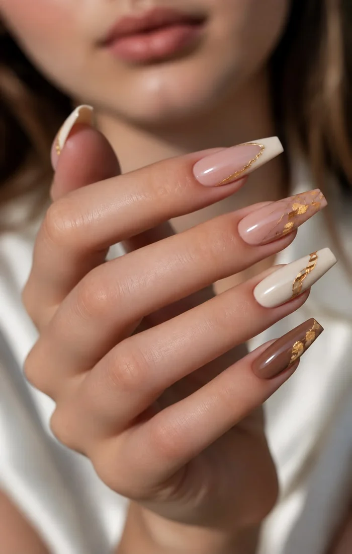 Nude coffin nails with delicate gold foil accents and a glossy finish Nude coffin nails with delicate gold foil accents and a glossy finish