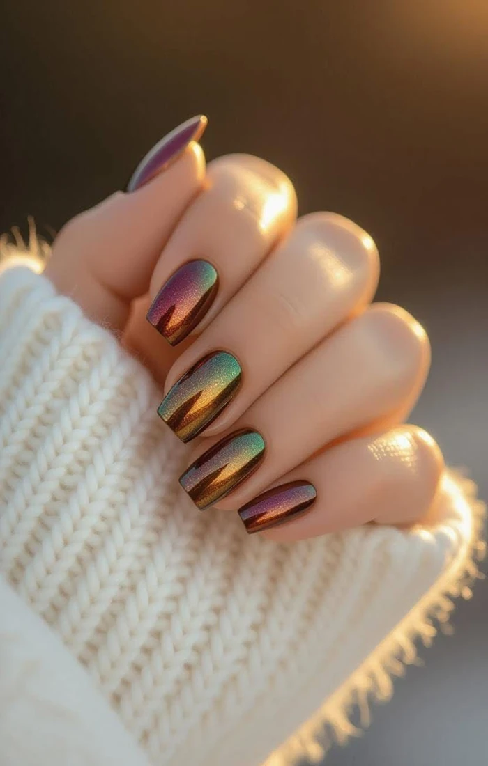Pearlescent summer chrome nails with an iridescent finish on almond-shaped nails. Pearlescent summer chrome nails with an iridescent finish on almond-shaped nails.