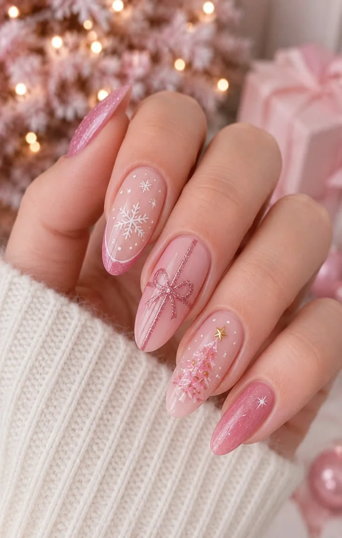 Pink Christmas nails with delicate white bow nail art Pink Christmas nails with delicate white bow nail art