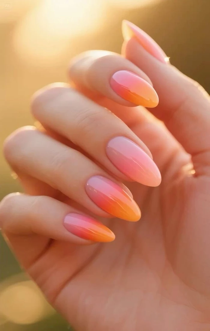 Pink and orange summer nails with alternating bright shades and abstract swirls. Pink and orange summer nails with alternating bright shades and abstract swirls.