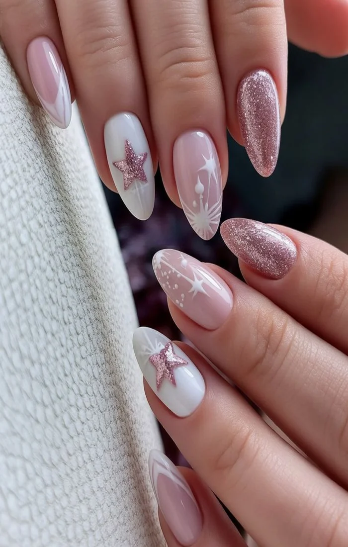 Pink and white Christmas nails with delicate snowflake accents Pink and white Christmas nails with delicate snowflake accents