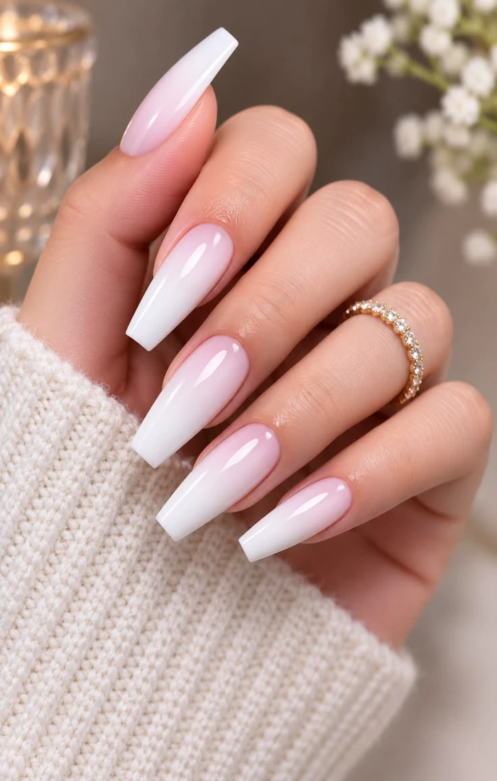 Pink and white ombre coffin nails with a soft blended gradient Pink and white ombre coffin nails with a soft blended gradient
