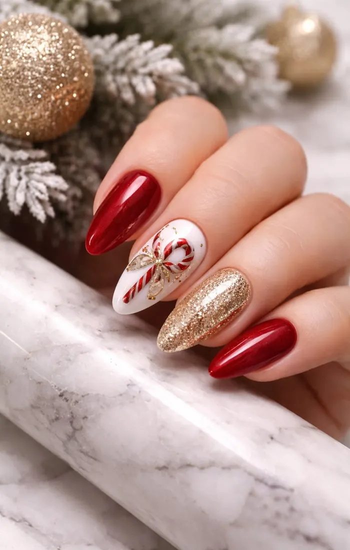 Red and gold Christmas nails with metallic accents Red and gold Christmas nails with metallic accents