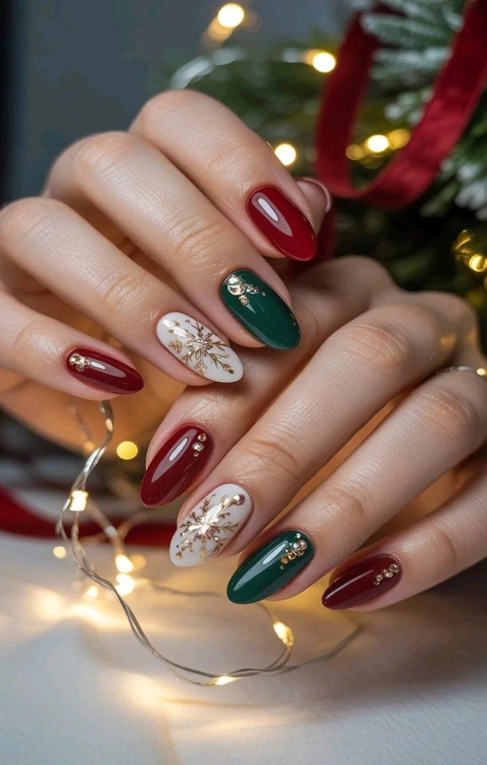 Red and green Christmas nails with subtle gold accents Red and green Christmas nails with subtle gold accents