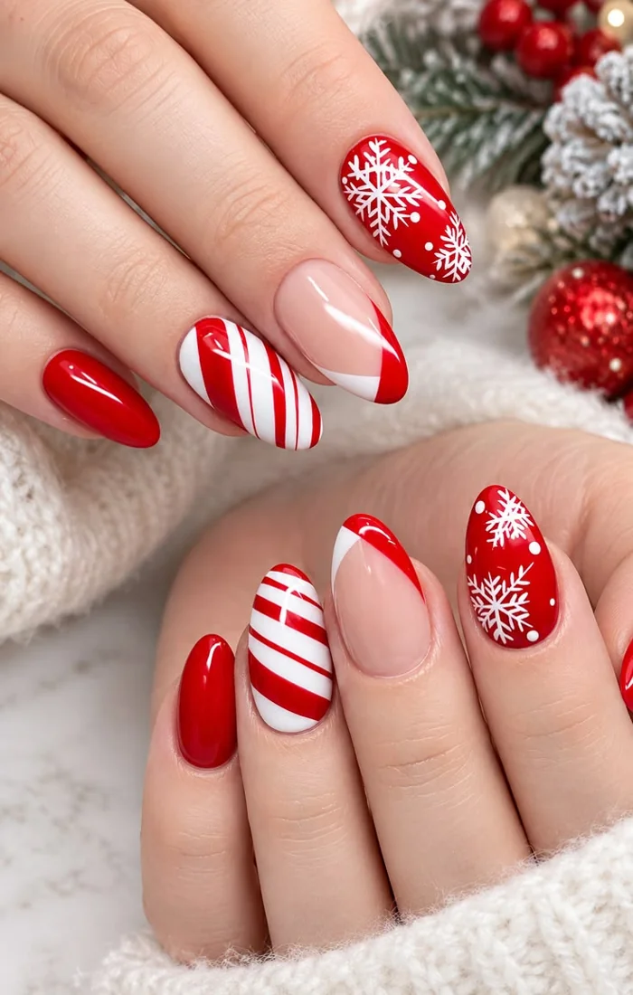 Red and white candy cane Christmas nails with diagonal stripes Red and white candy cane Christmas nails with diagonal stripes