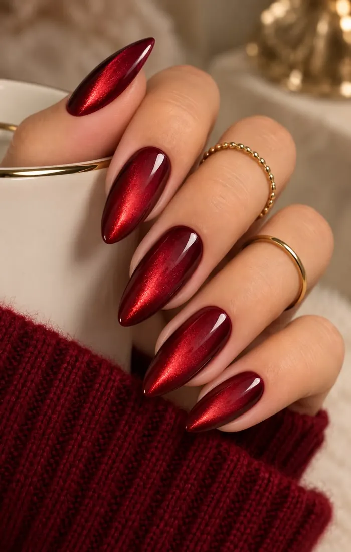 Elegant coffin nails with a glossy nude finish and tapered square tips Red velvet cat-eye Christmas nails with multidimensional magnetic shimmer