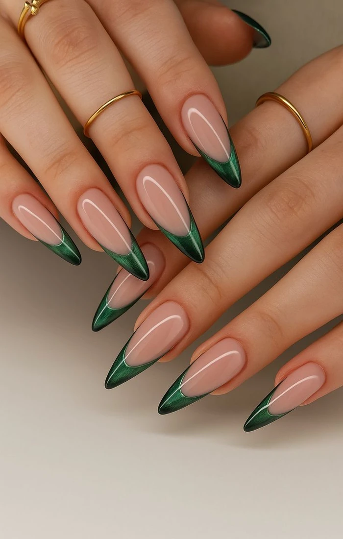 Sage green French tip nails on a sheer neutral base Sage green French tip nails on a sheer neutral base
