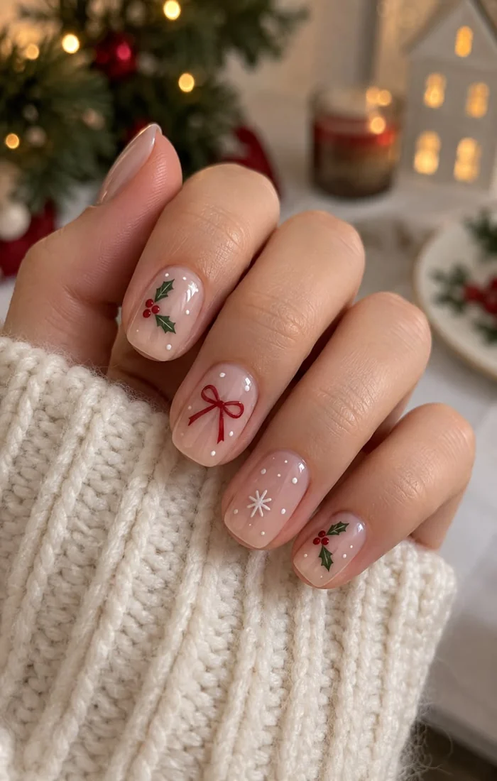Short Christmas nails with minimal red and white festive details Short Christmas nails with minimal red and white festive details