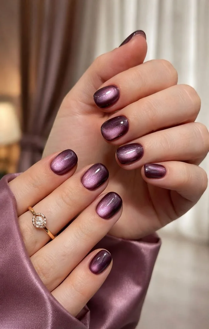 Short rounded cat eye nails with soft mauve magnetic shimmer. Short rounded cat eye nails with soft mauve magnetic shimmer.