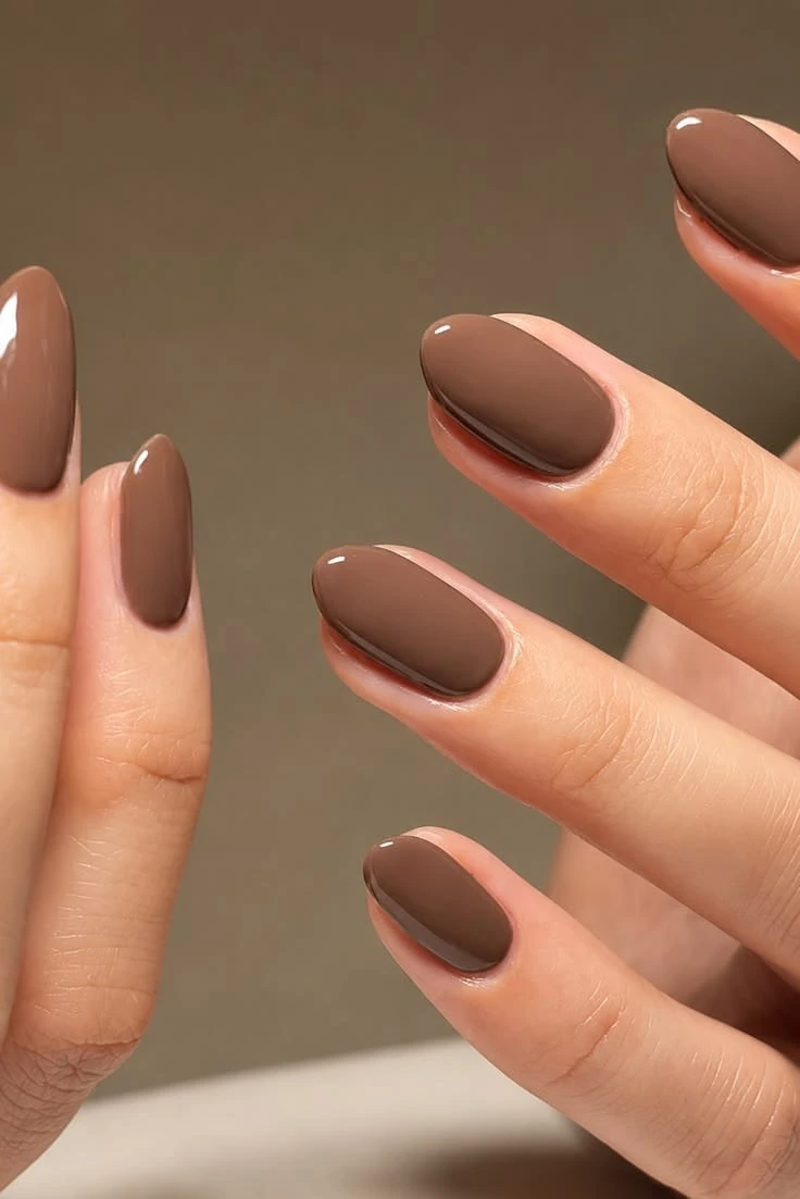 Short simple fall nails painted in glossy chocolate brown polish Short simple fall nails painted in glossy chocolate brown polish