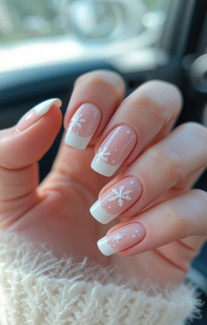 Simple Christmas nails with white snowflake accent art Simple Christmas nails with white snowflake accent art