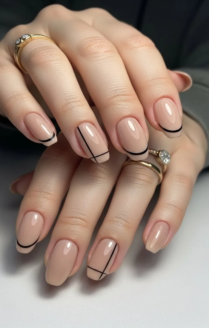 Simple coffin nails with delicate minimalist line art on a nude base Simple coffin nails with delicate minimalist line art on a nude base