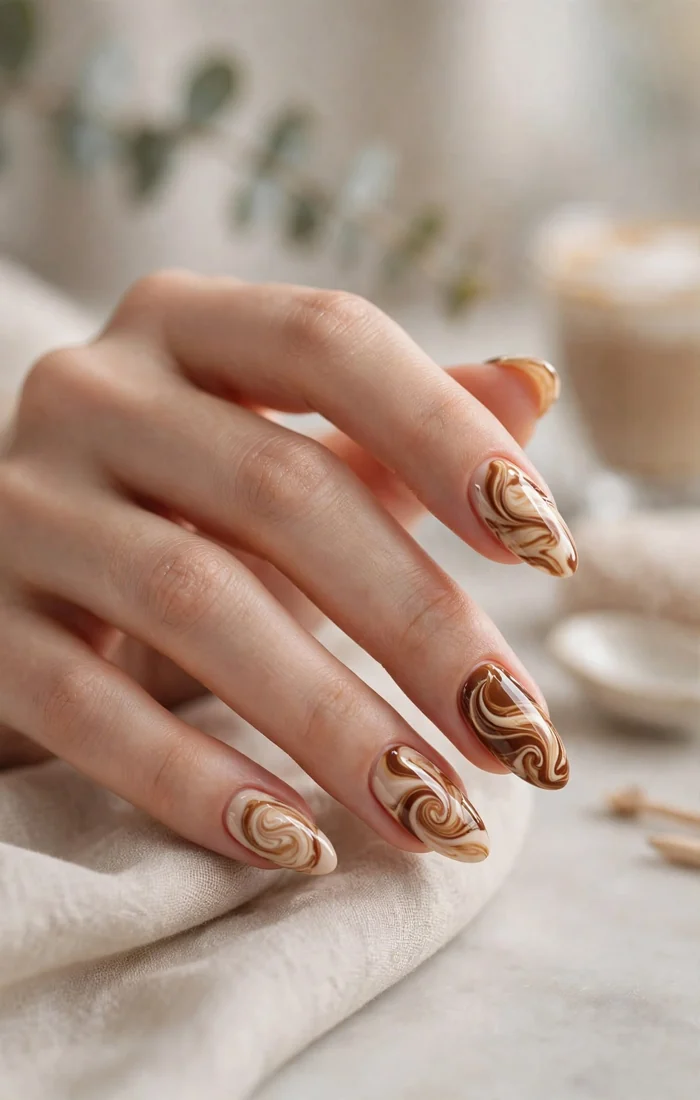 Simple fall nails featuring caramel and mocha swirl patterns Simple fall nails featuring caramel and mocha swirl patterns