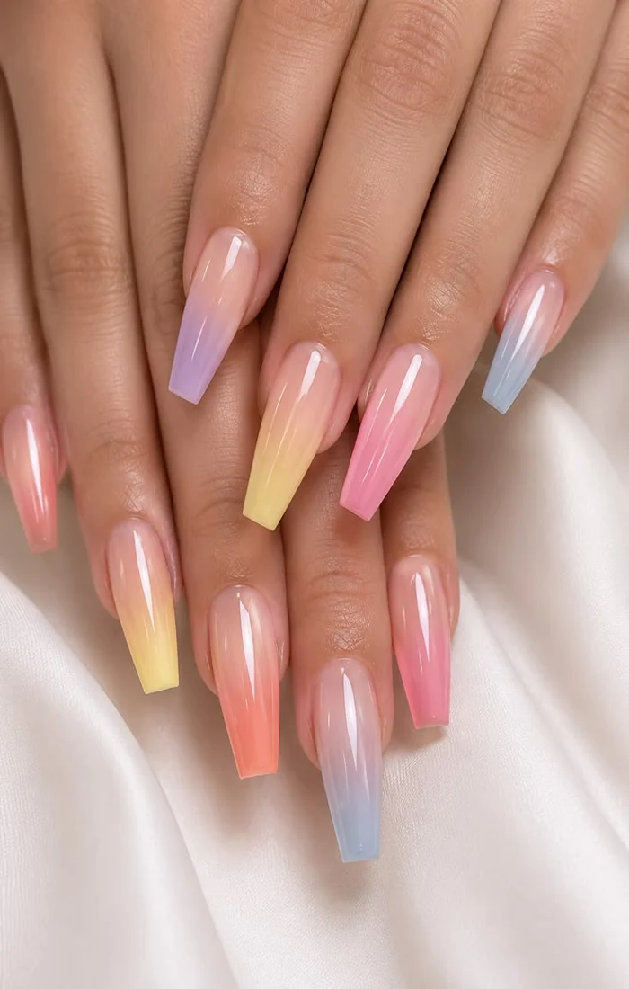 Summer coffin nails with colorful pastel French tips on a nude base Summer coffin nails with colorful pastel French tips on a nude base