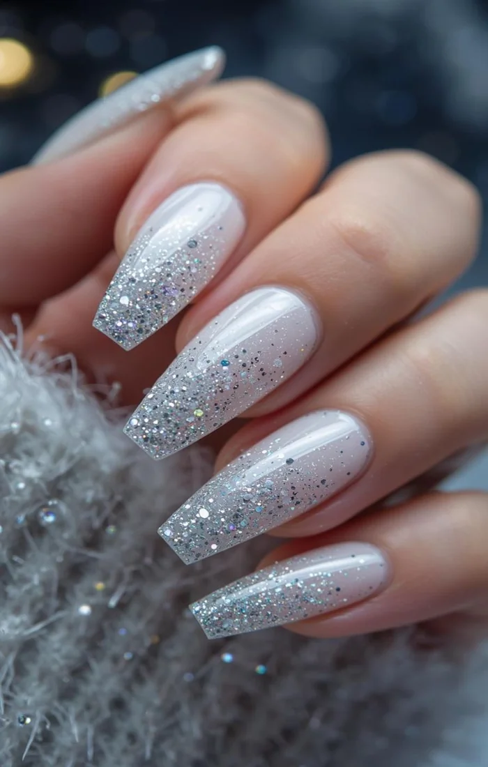 White Christmas nails with silver glitter and a glossy finish White Christmas nails with silver glitter and a glossy finish