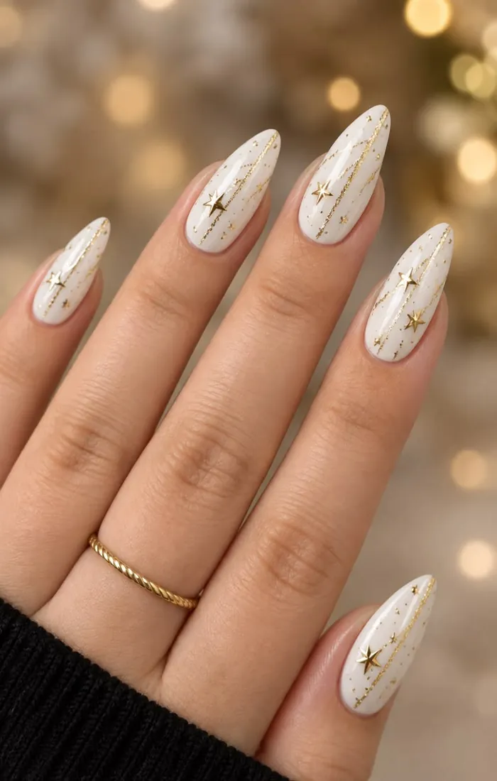 White and gold Christmas nails with delicate metallic detailing White and gold Christmas nails with delicate metallic detailing