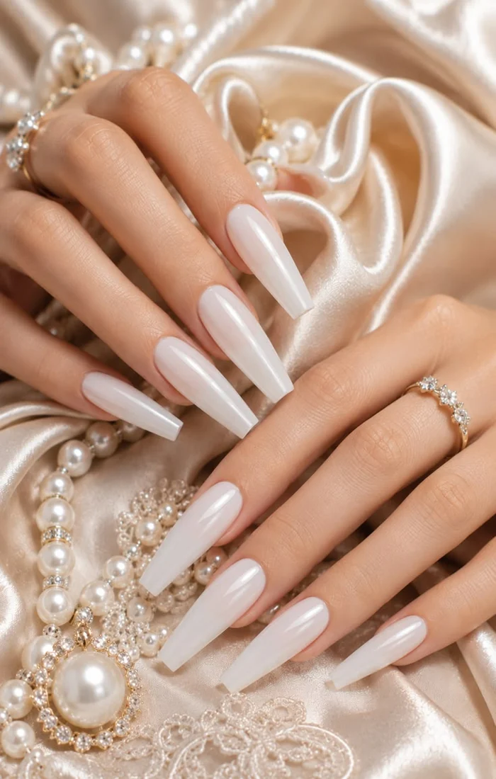 White coffin nails with a pearlescent finish and subtle shimmer White coffin nails with a pearlescent finish and subtle shimmer
